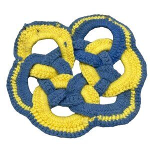 vintage crocheted amish style knot pot holder trivet blue yellow 8" READ